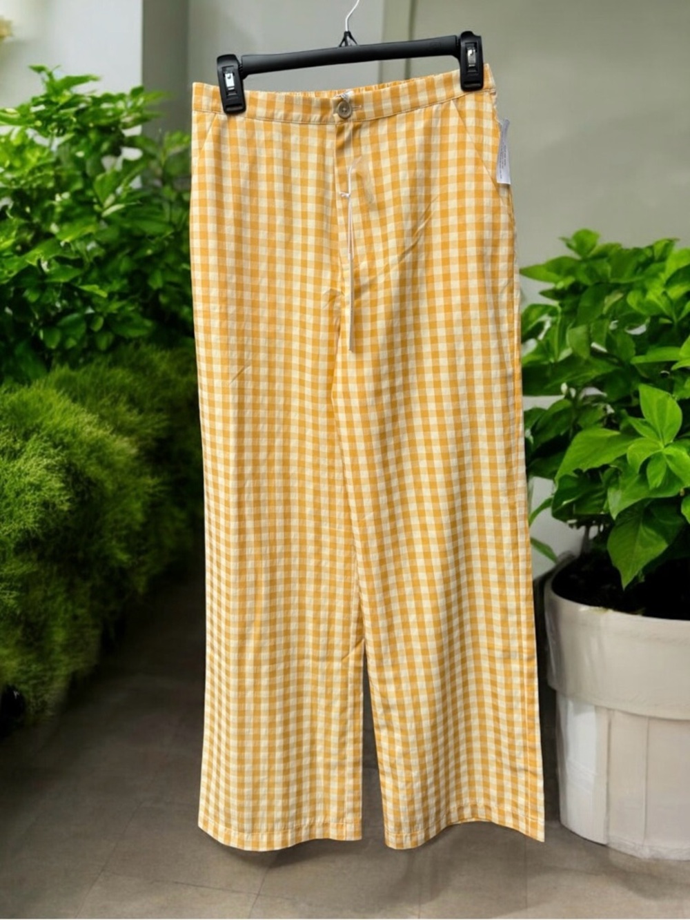 Anthropologie Yellow Gingham Wide-Leg Pants